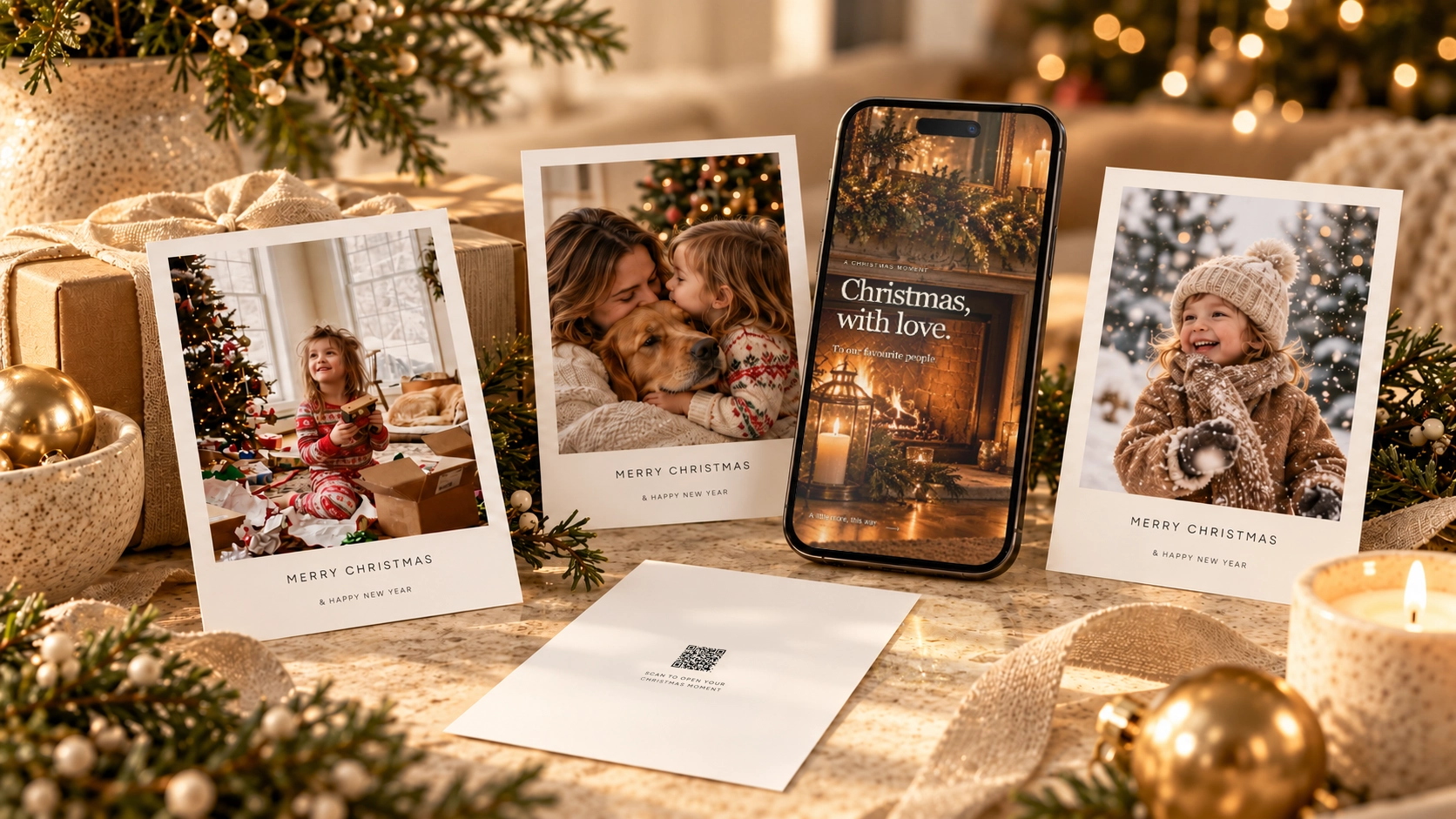 Illustrative portrait Christmas postcards, a QR-bearing reverse and a phone showing the developing Christmas Moment in a warm festive setting