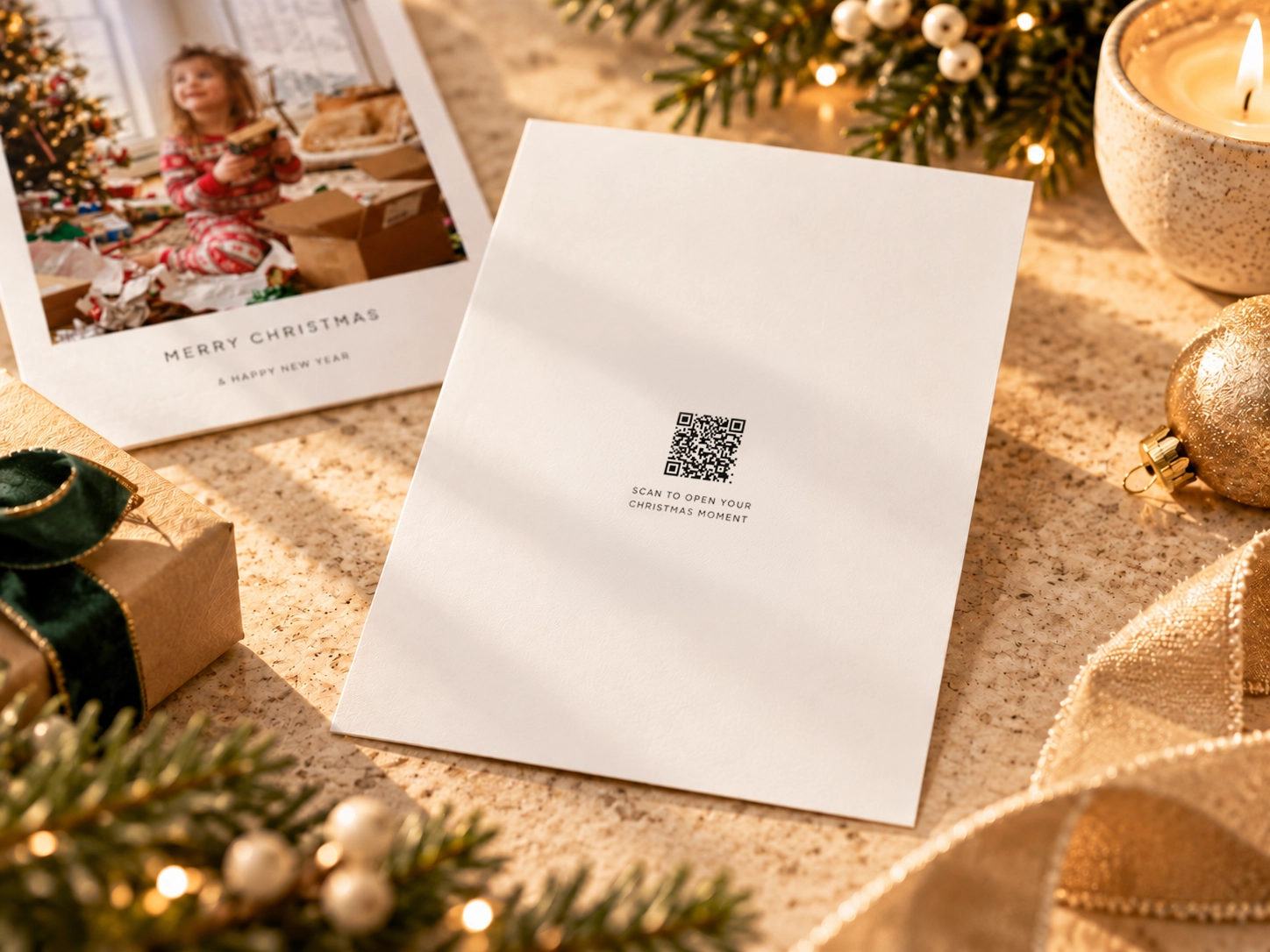 Illustrative unsigned portrait postcard reverse, with one centrally placed QR and the Christmas Moment instruction, beside a personalised front