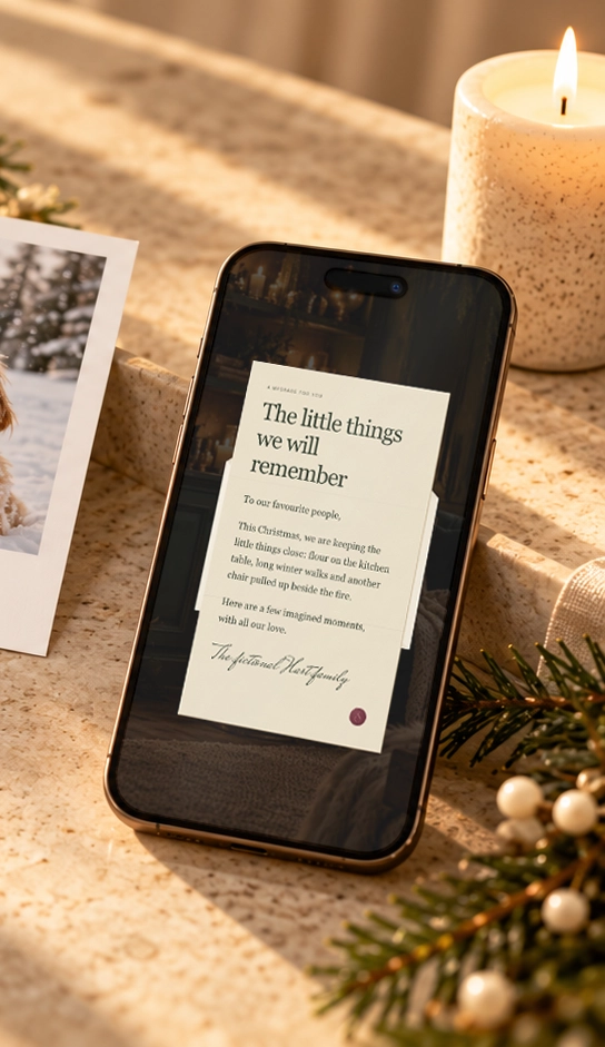 Illustrative phone showing the fictional personal Christmas letter beside a postcard and candle