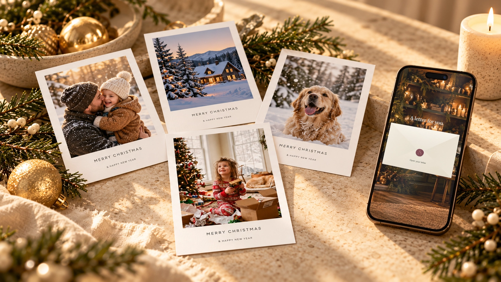 Illustrative portrait Christmas photo cards with an example digital Moment on a phone at the edge of the composition